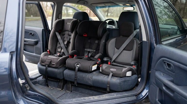 Three narrow convertible car seats installed across a realistic family SUV rear bench