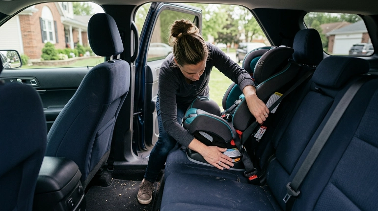 Parent securely installing and tightening a convertible child car seat in a family SUV
