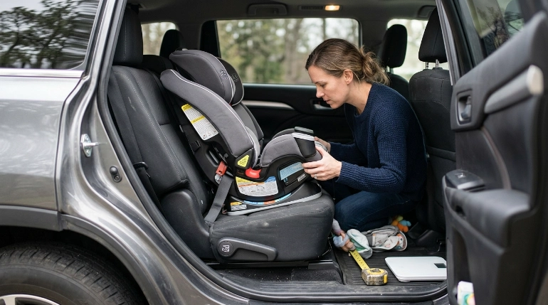 Parent checking Chase Plus booster seat label before selecting harness or booster mode