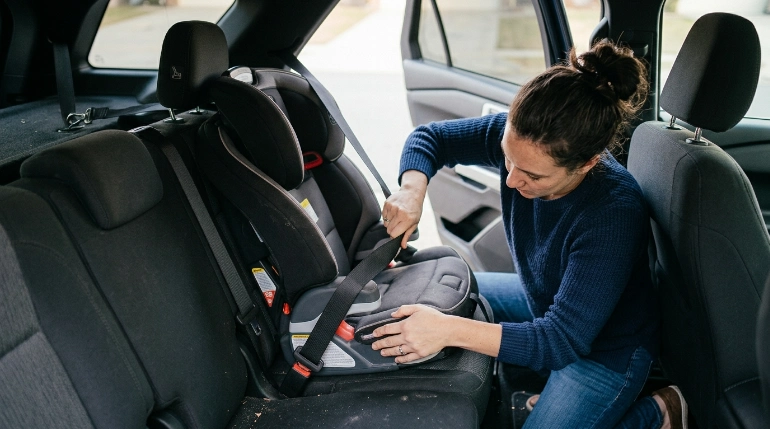 Parent installing a Chase Plus harness seat with vehicle belt and top tether in an SUV