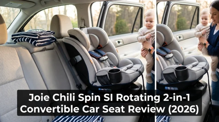 Joie Chili Spin SI rotating 2-in-1 convertible car seat turned toward an open vehicle door