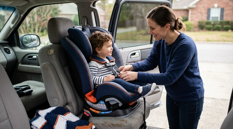 Joie Chili Spin SI rotated toward an SUV door while a parent buckles a toddler