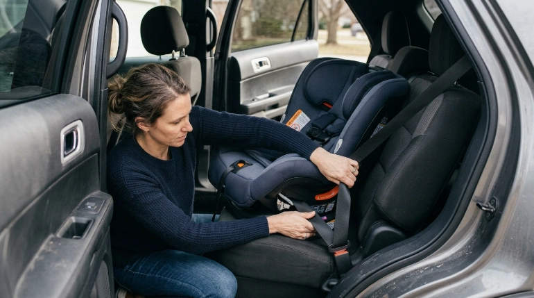 Parent installing a Joie Chili Spin SI rear-facing with the vehicle seat belt