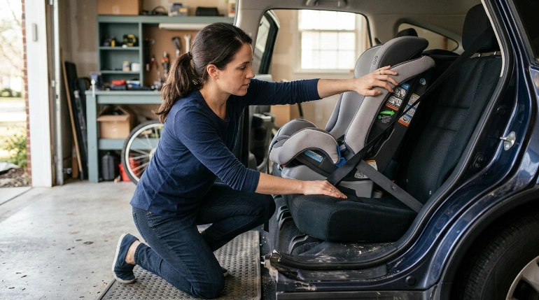 Parent installing a Joie Saffron SI convertible car seat in a family SUV