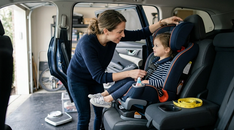 Parent checks child fit and harness position for Maxi Cosi Pria Max weight and height limits
