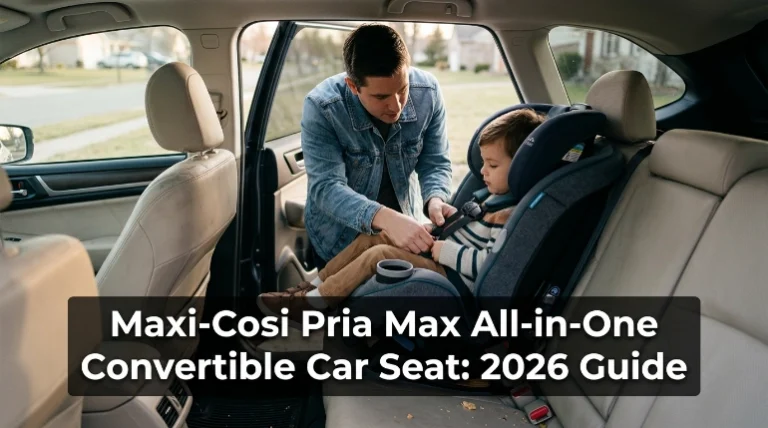 Parent securing child in Maxi-Cosi Pria Max all-in-one convertible car seat