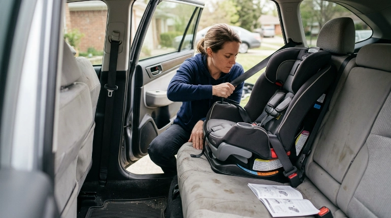 Parent installing Maxi-Cosi Pria Max convertible car seat in rear seat of family SUV