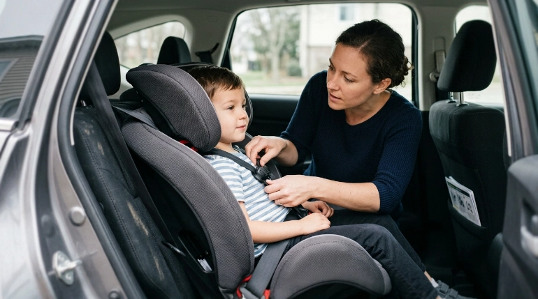 Parent checking child harness fit in Maxi-Cosi Pria Max convertible car seat