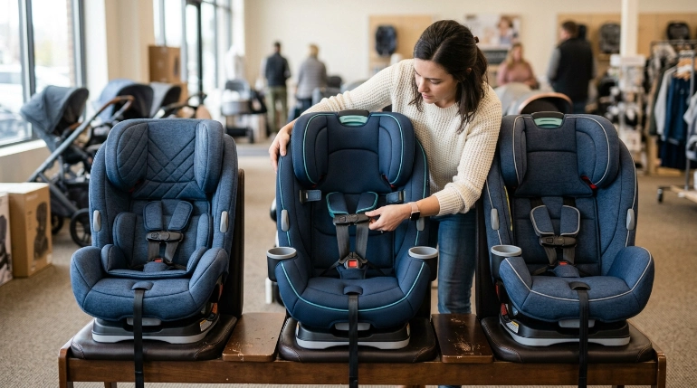 Parent compares three Pria convertible car seats and examines harness convenience features