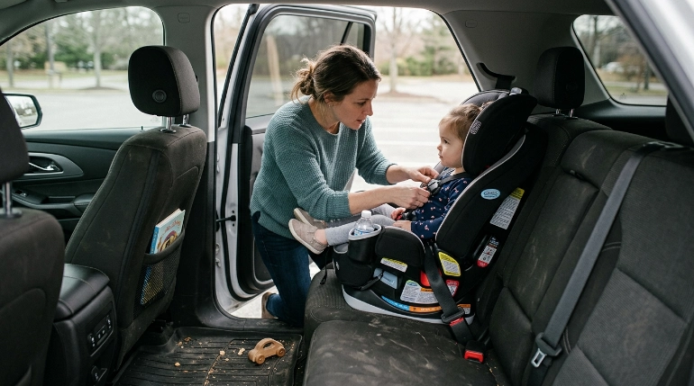 Parent checking rear-facing fit in a Maxi-Cosi Pria Max all-in-one convertible car seat