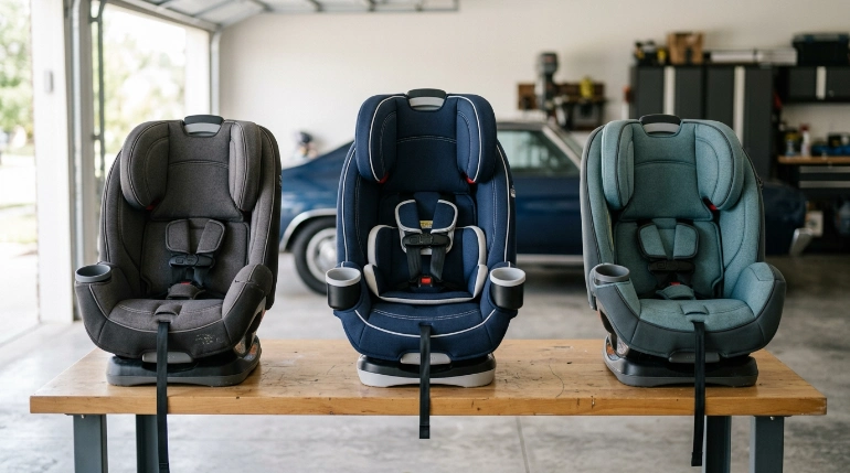 Side-by-side comparison of Pria, Pria Max, and Pria Max+ convertible car seat designs