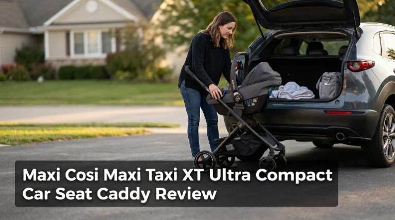 Maxi Cosi Maxi Taxi XT ultra compact car seat caddy beside a family crossover