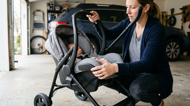 Parent checking infant seat compatibility and adapter lock on a Maxi Taxi XT caddy
