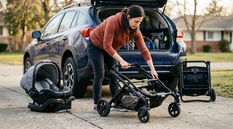 Parent folding a Maxi Taxi XT caddy beside an open vehicle trunk after removing infant seat