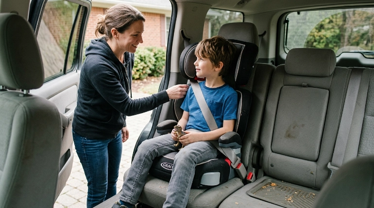 Child sitting upright in Diono Monterey 2XT booster with correct lap-and-shoulder belt fit