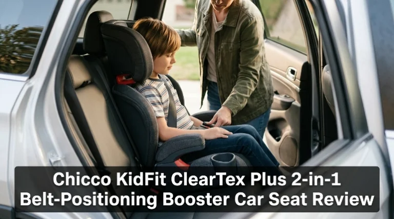 Chicco KidFit ClearTex Plus 2-in-1 belt-positioning booster installed in a family SUV