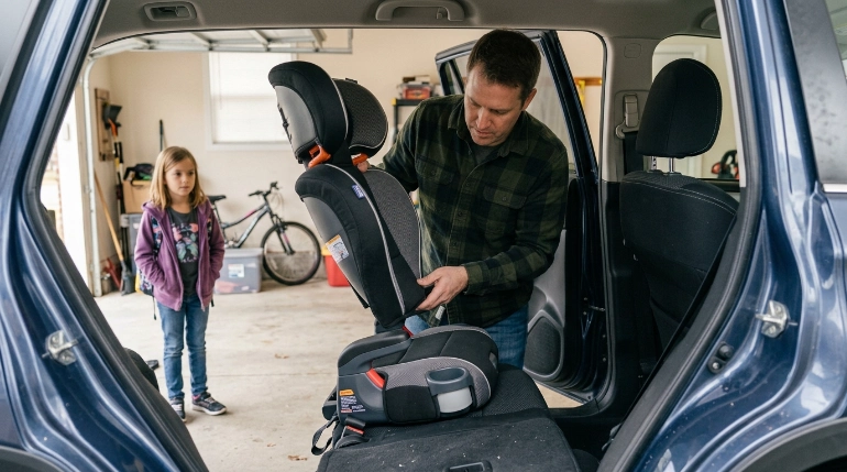 Parent converting KidFit ClearTex Plus 2-in-1 booster from high-back to backless mode