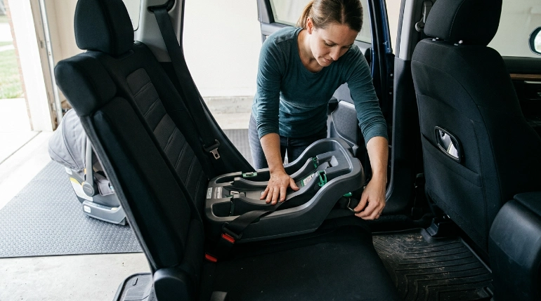 Parent securing a Primo Viaggio 4-35 infant car seat base with a vehicle seat belt
