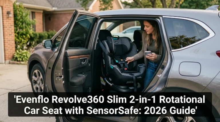 Revolve360 Slim 2 in 1 rotational car seat with SensorSafe rotated toward an open SUV door