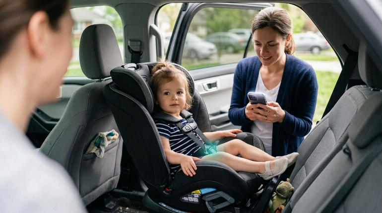 Child harnessed in Revolve360 Slim SensorSafe seat while parent checks connected smartphone alert