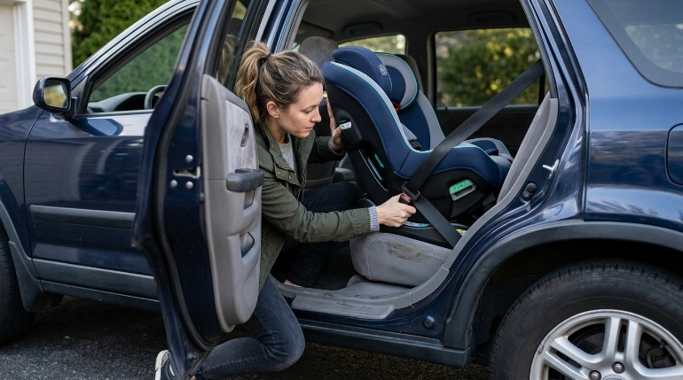 Parent checks Revolve360 Slim belt path, tether and green rotation lock indicator inside compact SUV