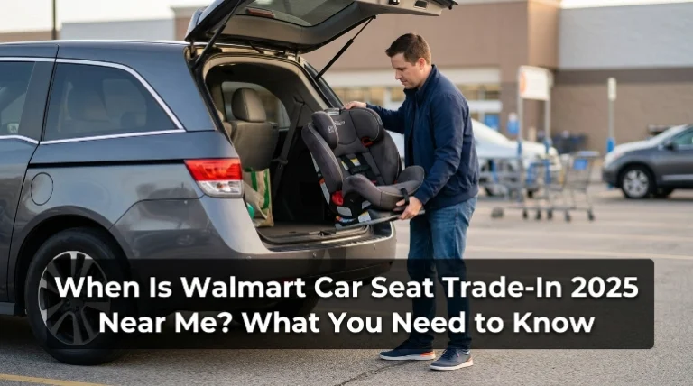 Parent checking when Walmart car seat trade in 2025 near me beside a family SUV.