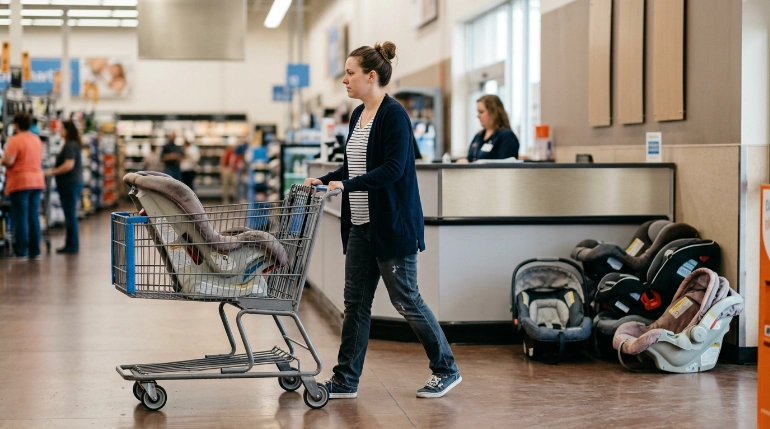 Parent bringing a used child car seat to a 2019-style retailer recycling service desk.