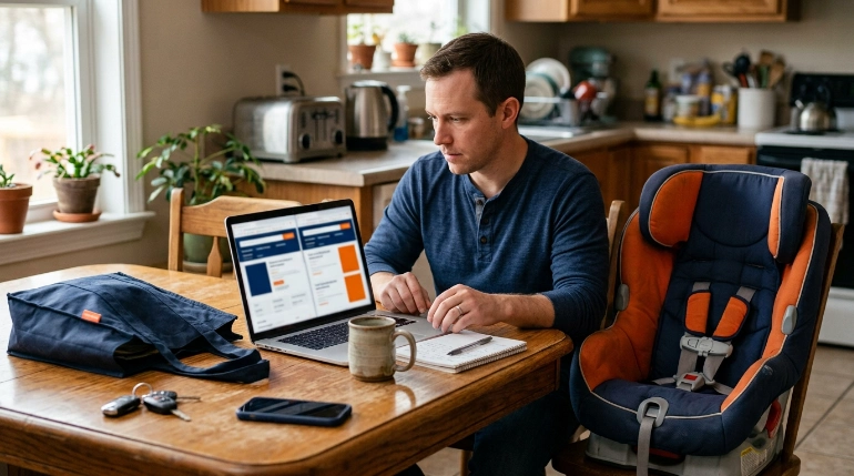 Parent comparing Walmart and Target car seat trade-in options beside an old child safety seat.