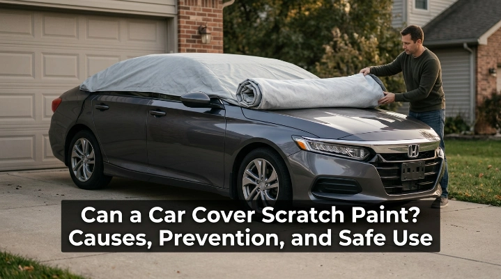 Car cover scratches paint guide showing a soft fitted cover over a clean sedan.