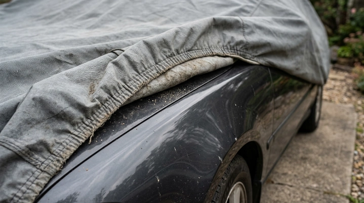 Dust and grit trapped under a loose car cover rubbing against glossy automotive paint.