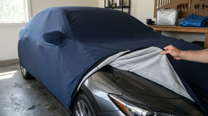 Soft-lined custom-fit car cover closely following a clean sedan's body contours in a garage.