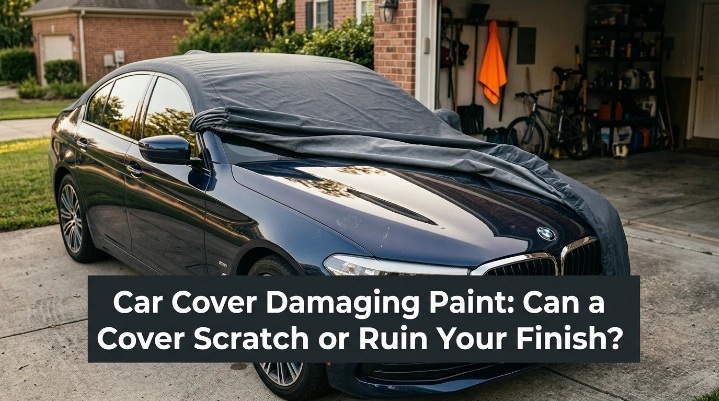 Car cover partially removed from clean car showing potential car cover damaging paint risks