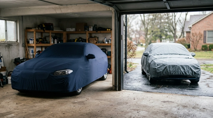 Indoor soft cover and outdoor weather cover shown in realistic vehicle storage settings