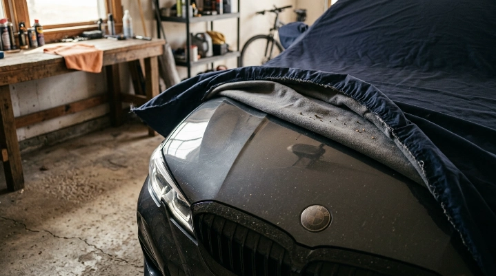 Dust and grit trapped beneath a loose car cover causing swirl marks on clear coat.