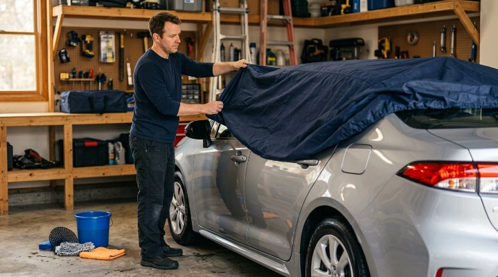 Owner gently unfolding a clean fitted cover over a washed car to prevent swirl marks.