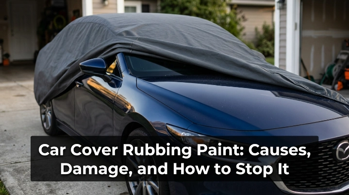Car cover rubbing paint as loose fabric moves over a glossy vehicle finish.