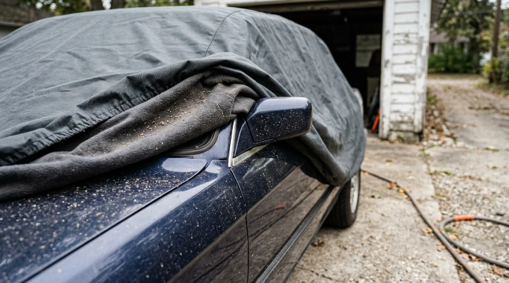 Loose dusty cover moving over car paint and creating conditions for scratches.