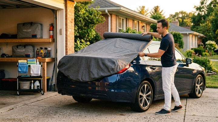 Owner gently unrolling a clean fitted car cover over freshly washed vehicle paint.