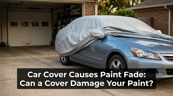 Car cover causes paint fade visual showing fitted cover partially removed from glossy car paint.