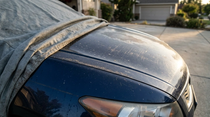 Dust, water spots, and fine scratches showing why a car cover can make paint look faded.