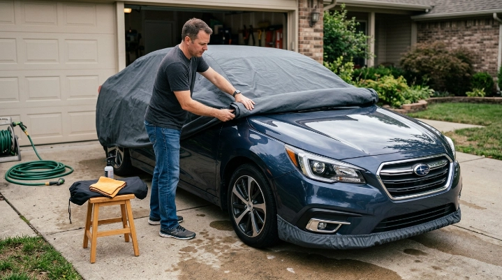 Driver carefully installing a fitted car cover on a clean dry sedan without dragging the fabric.