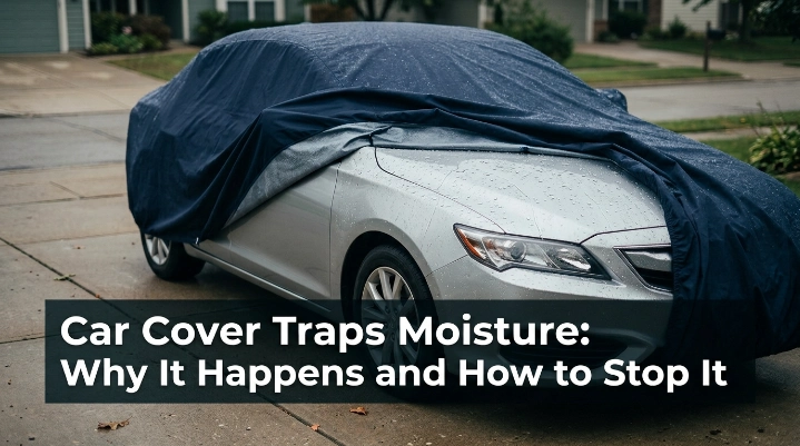 Car cover traps moisture beneath a partially covered sedan after rain.