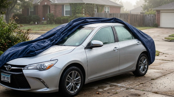 Condensation forming beneath a navy car cover on a damp morning.