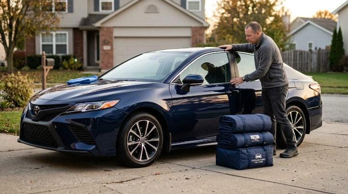 Driver preparing a completely dry sedan before installing a breathable car cover.