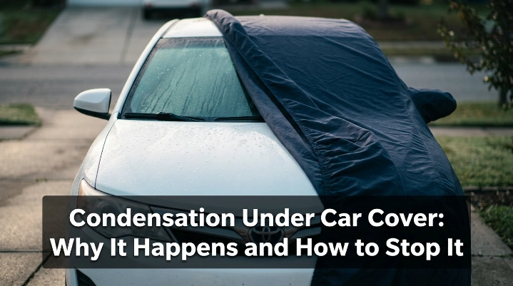 Condensation under car cover with moisture droplets on a sedan hood and windshield