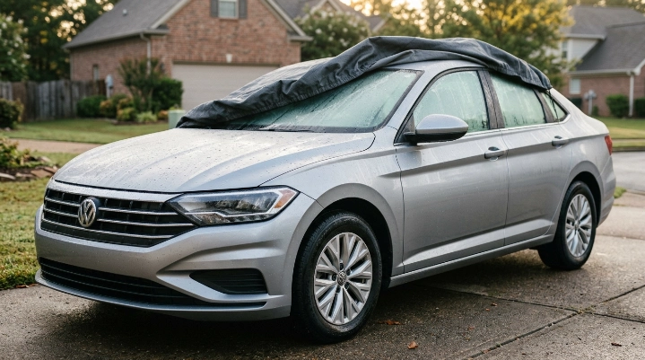 Condensation under car cover forming on cool hood, windshield, mirror, and panel gaps