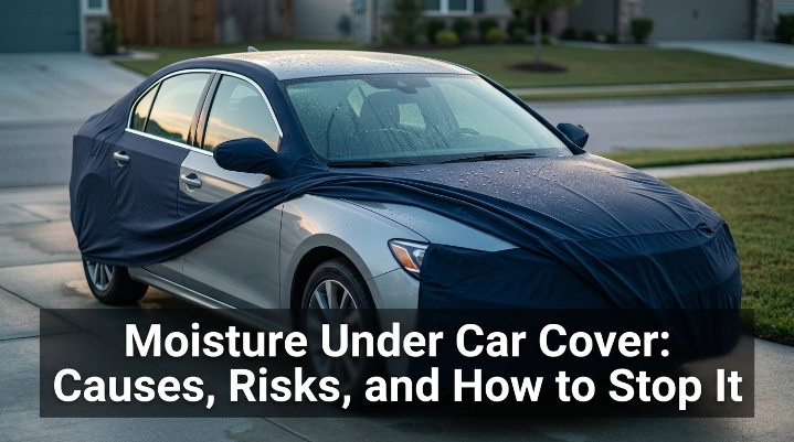 Condensation and moisture under car cover on a sedan parked outdoors after a humid night