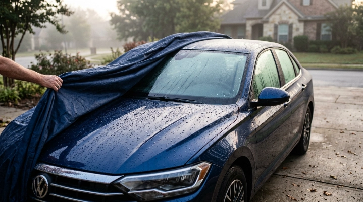 Fine condensation causing moisture under car cover across a sedan roof, windshield, and hood