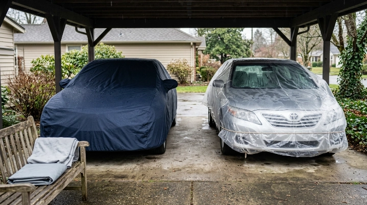 Fitted breathable car cover compared with loose plastic tarp for outdoor moisture protection