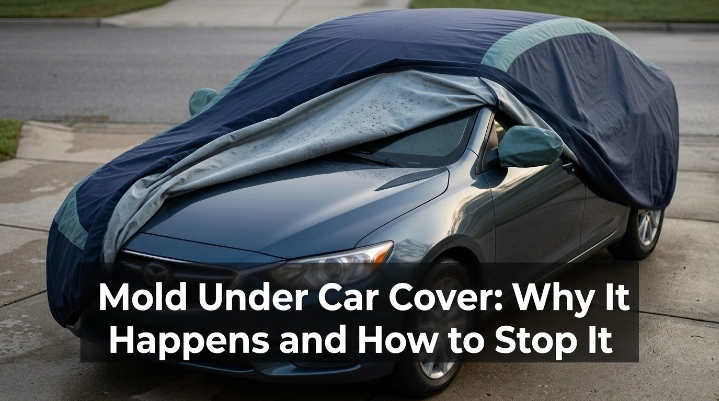 Mold under car cover with condensation trapped beneath a fitted outdoor vehicle cover